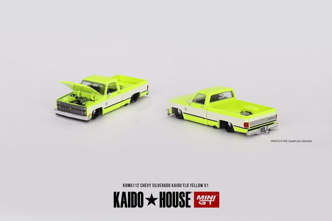 Mini GT x Kaido House No.112 Chevy Silverado KAIDO WORKS FLO Yellow V1