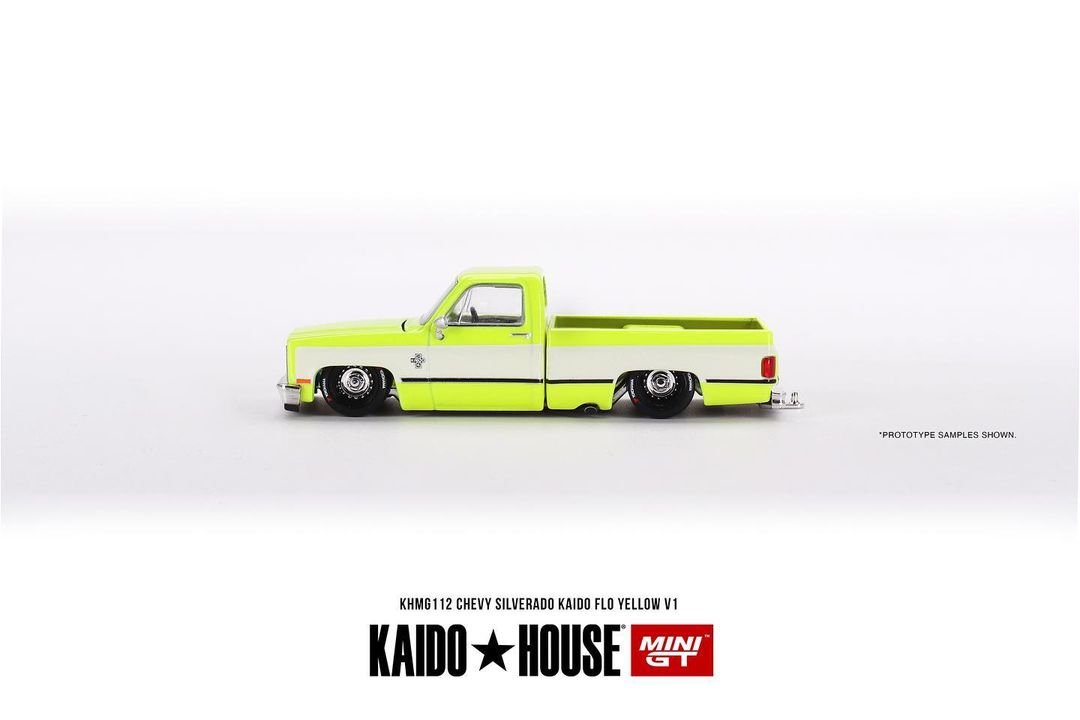 Mini GT x Kaido House No.112 Chevy Silverado KAIDO WORKS FLO Yellow V1