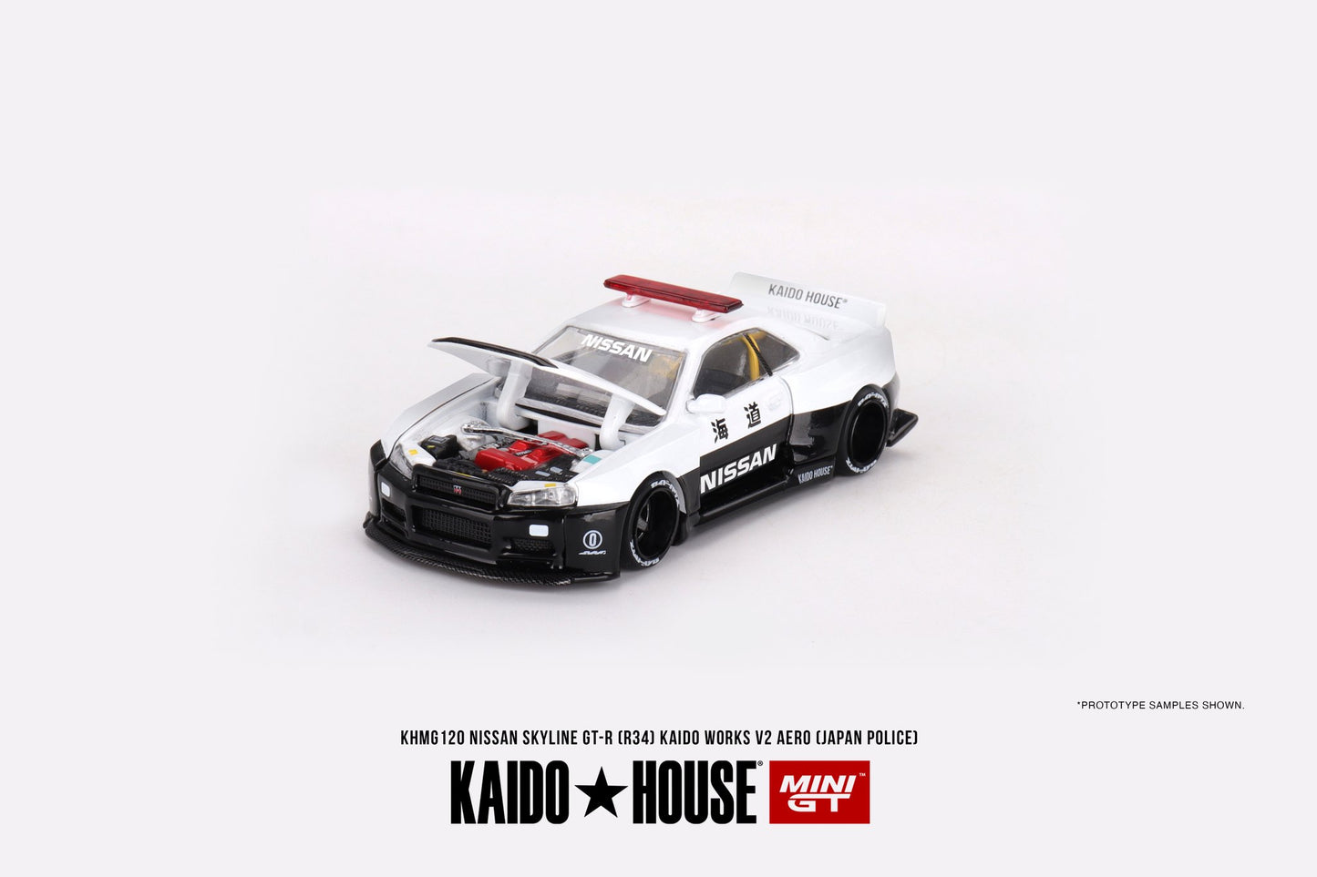 Mini GT x Kaido House No.120 Nissan Skyline GT-R (R34) Kaido Works V2 Aero (Japan Police)