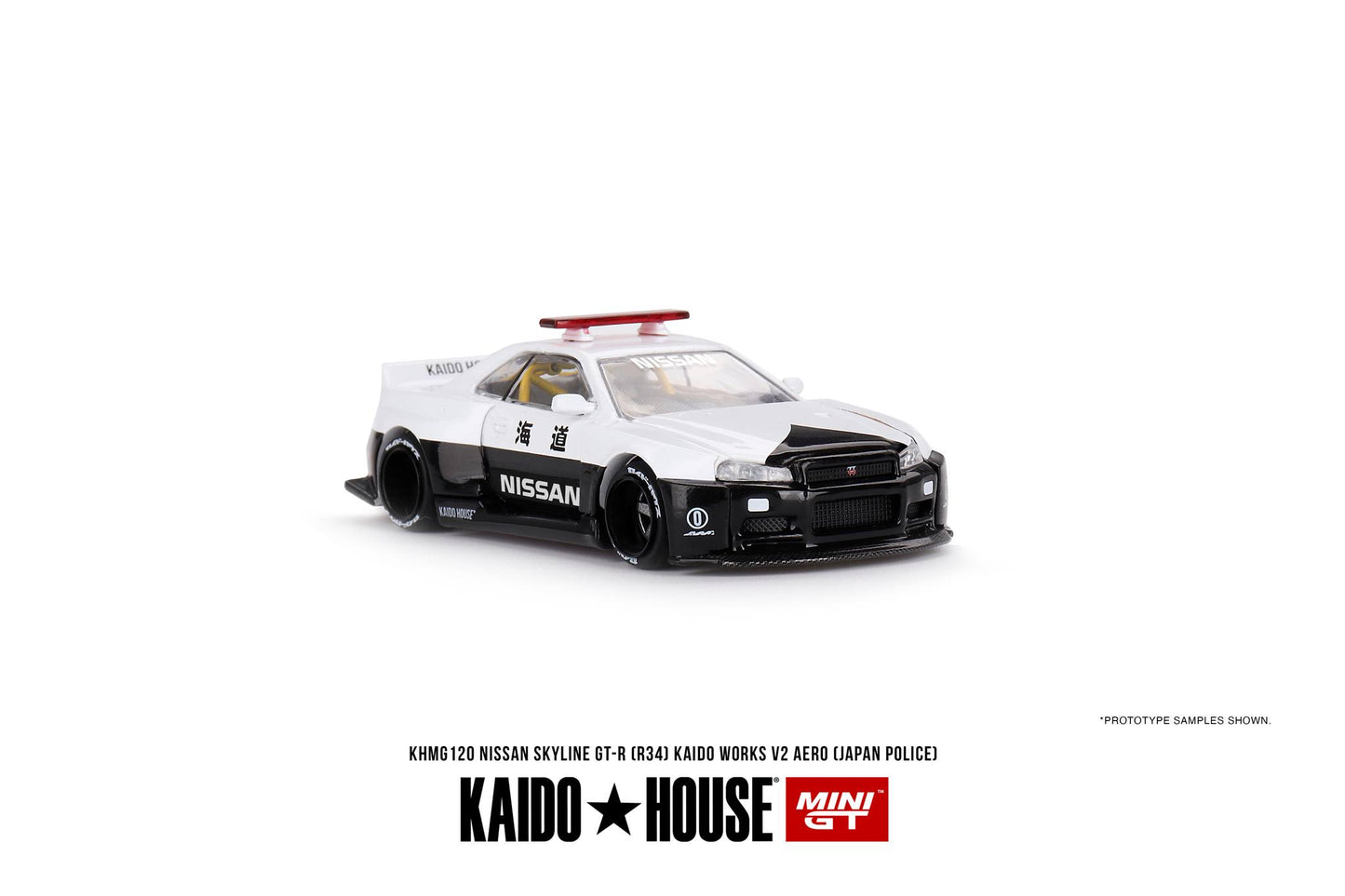 Mini GT x Kaido House No.120 Nissan Skyline GT-R (R34) Kaido Works V2 Aero (Japan Police)