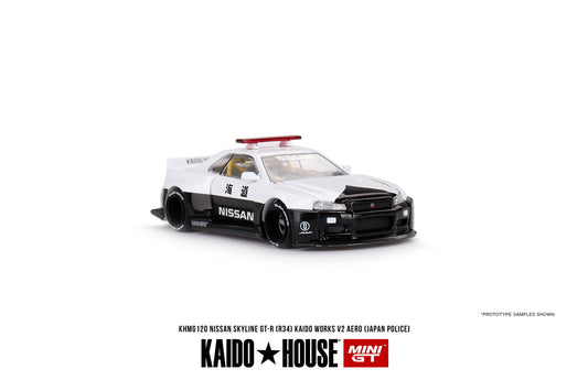 Mini GT x Kaido House No.120 Nissan Skyline GT-R (R34) Kaido Works V2 Aero (Japan Police)