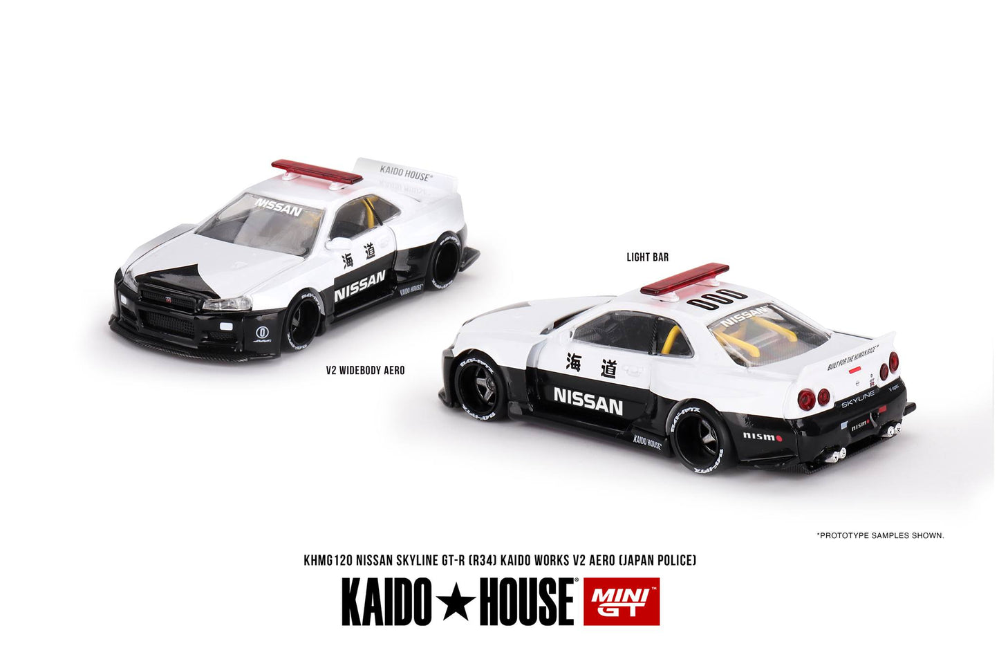Mini GT x Kaido House No.120 Nissan Skyline GT-R (R34) Kaido Works V2 Aero (Japan Police)