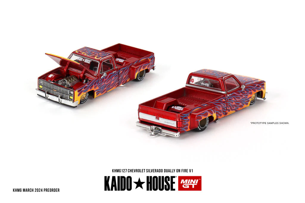 Mini GT x Kaido House No.127 Chevy Silverado Dually on Fire V1