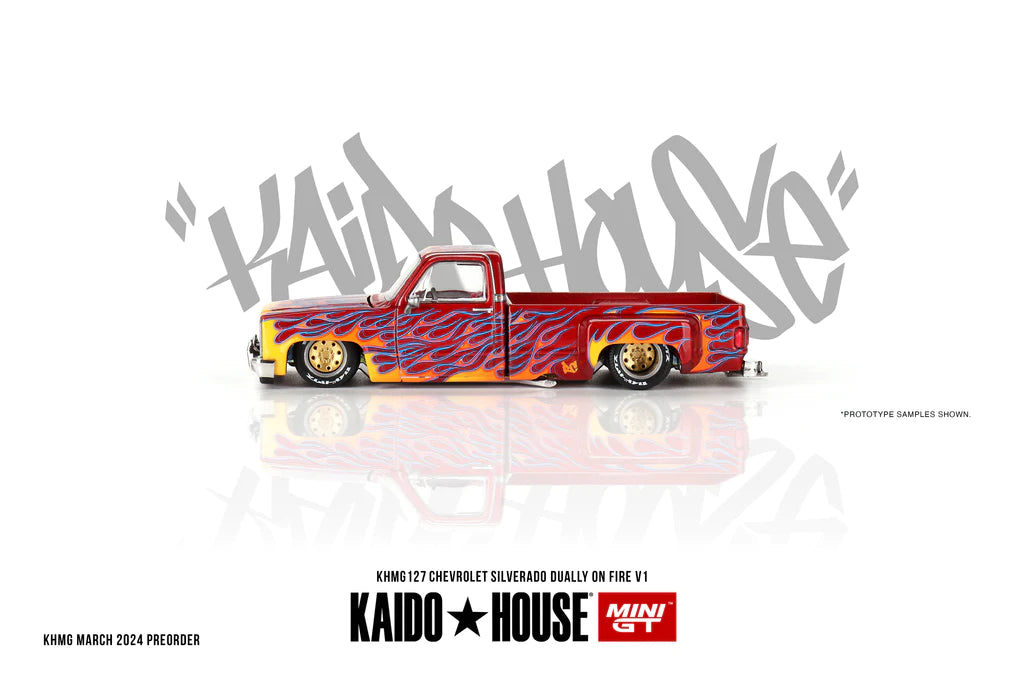 Mini GT x Kaido House No.127 Chevy Silverado Dually on Fire V1