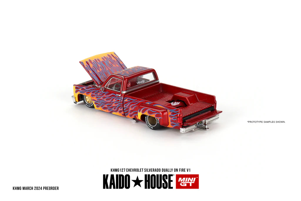Mini GT x Kaido House No.127 Chevy Silverado Dually on Fire V1