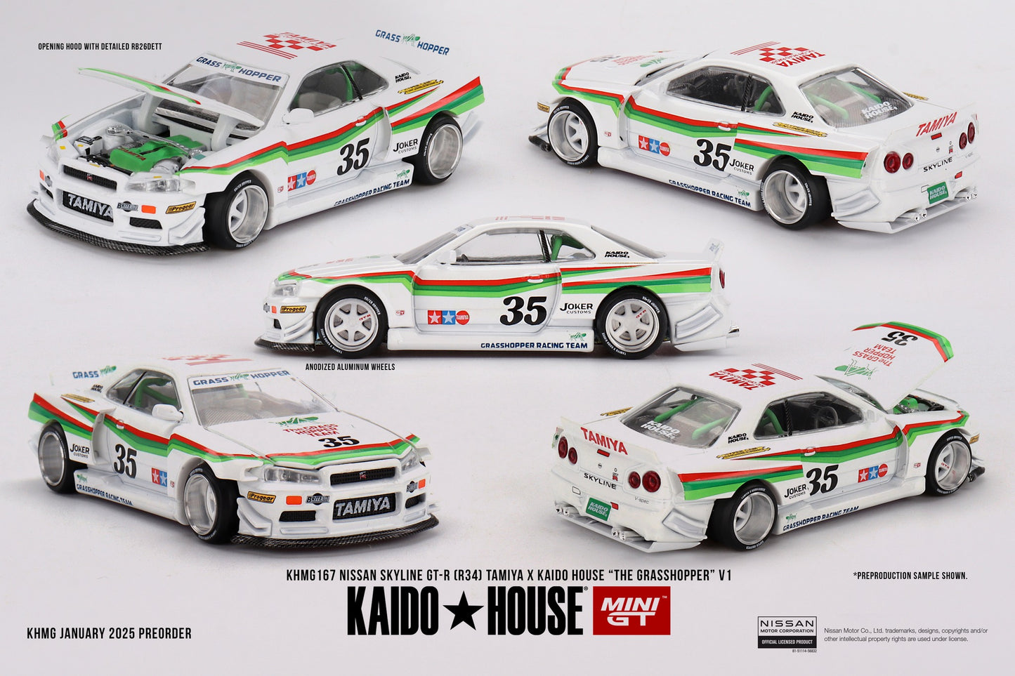 Mini GT x Kaido House No.167 Nissan Skyline GT-R (R34) TAMIYA x KAIDO HOUSE "The GRASSHOPPER" V1