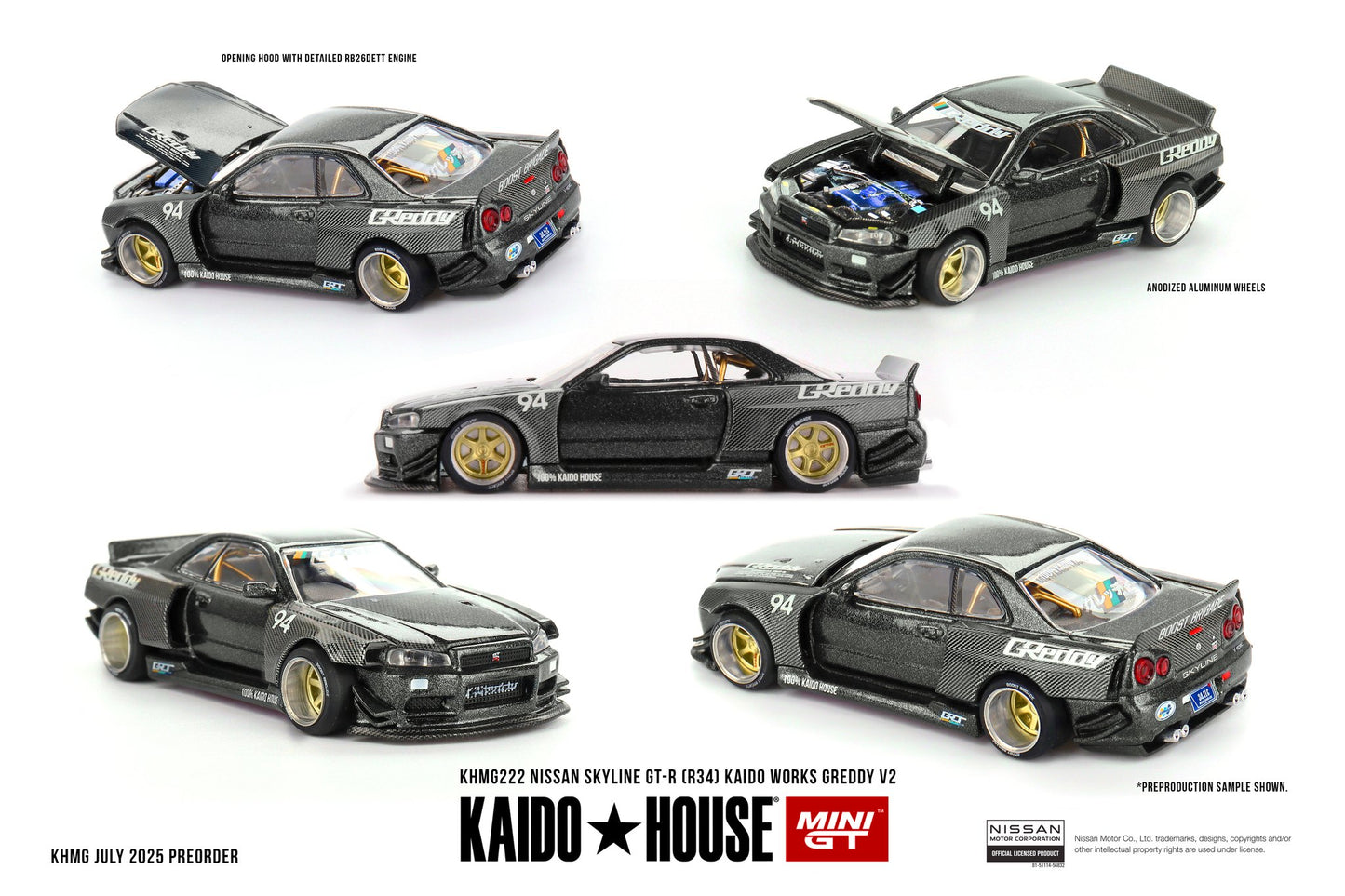 *Pre-Order* Mini GT x Kaido House No.222 Nissan Skyline GT-R (R34) Kaido Works GReddy V2