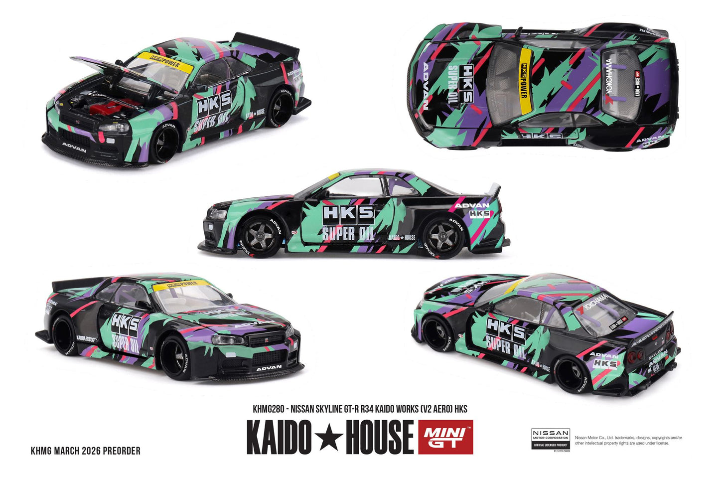 *Pre-Order* Mini GT x Kaido House No.280 Nissan Skyline GT-R R34 Kaido Works (V2 Aero) HKS