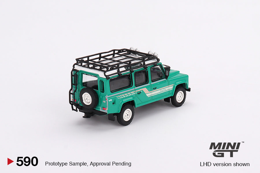 Mini GT No.590 Land Rover Defender 110 1985 County Station Wagon Trident Green