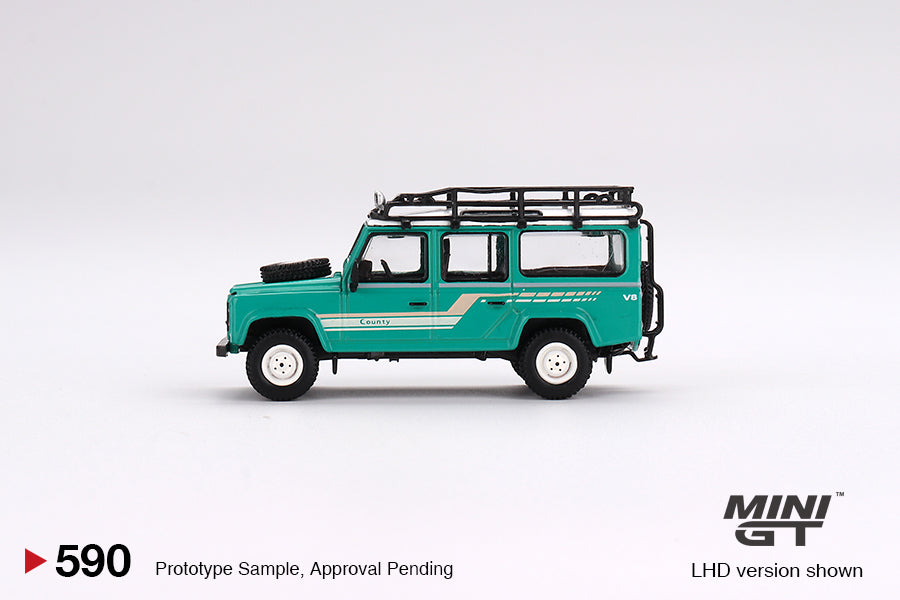Mini GT No.590 Land Rover Defender 110 1985 County Station Wagon Trident Green