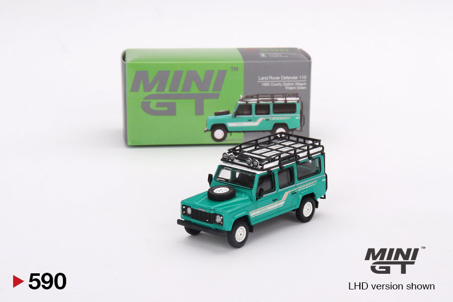 Mini GT No.590 Land Rover Defender 110 1985 County Station Wagon Trident Green