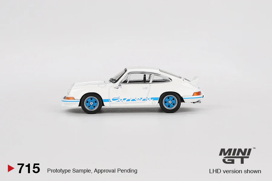 Mini GT No.715 Porsche 911 Carrera RS 2.7 Grand Prix White with Blue Livery