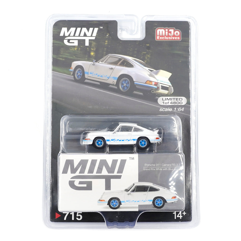 Mini GT No.715 Porsche 911 Carrera RS 2.7 Grand Prix White with Blue Livery (Blister Pack) - MIJO Exclusives
