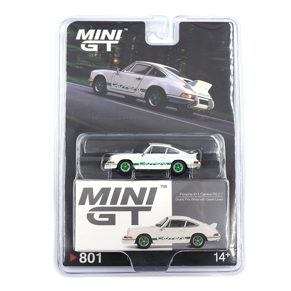 Mini GT No.801 Porsche 911 Carrera RS 2.7 Grand Prix White with Green Livery (Blister Pack)
