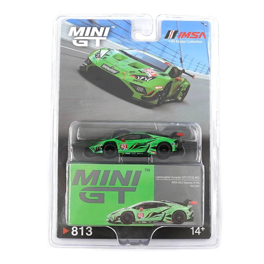 Mini GT No.813 Lamborghini Huracán GT3 EVO2 #63 IMSA 2023 Daytona 24 Hrs Iron Lynx (Blister Pack)