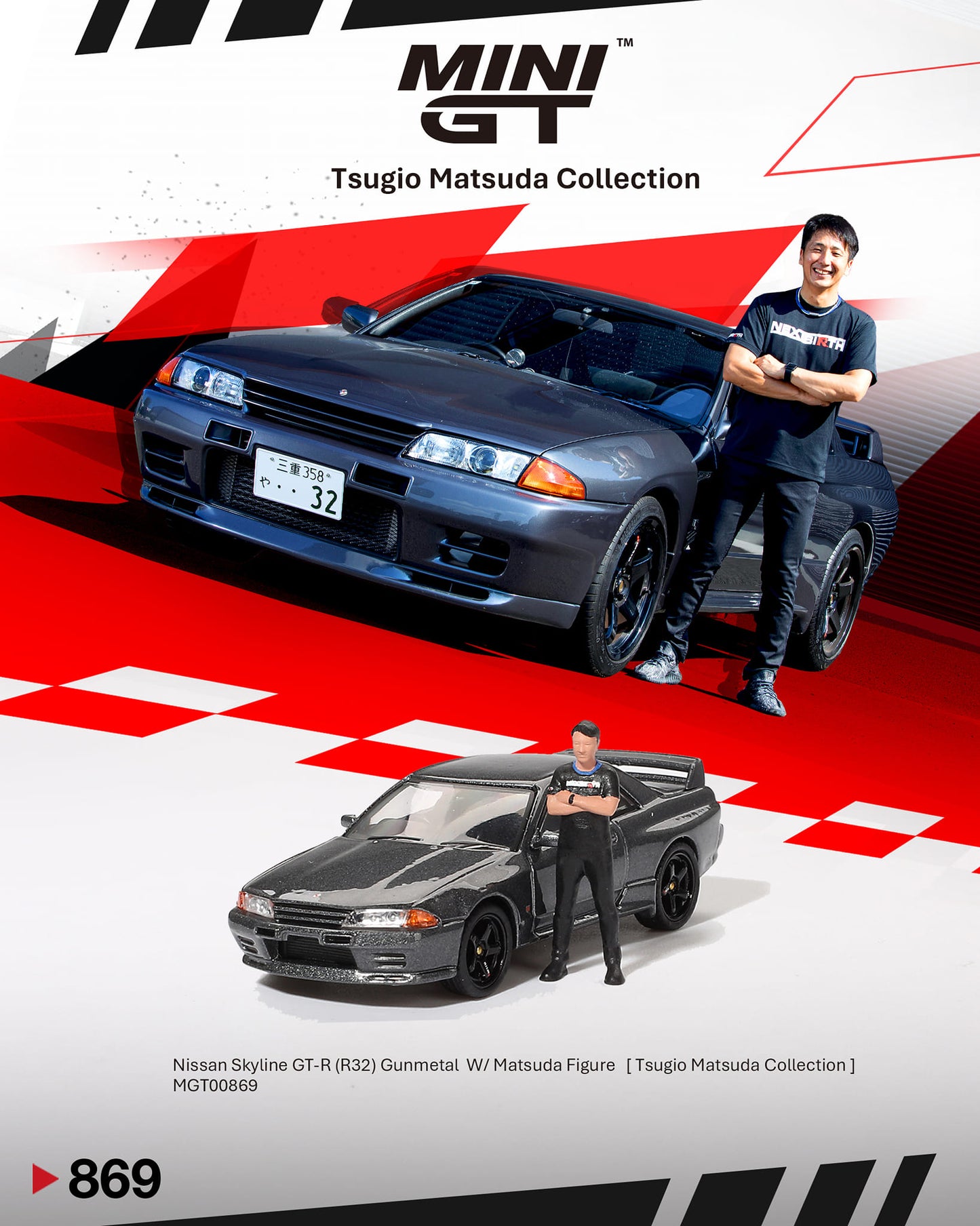Mini GT No.869 Nissan Skyline GT-R (R32) Gunmetal w/ Matsuda Figure (Tsugio Matsuda Collection No.1)