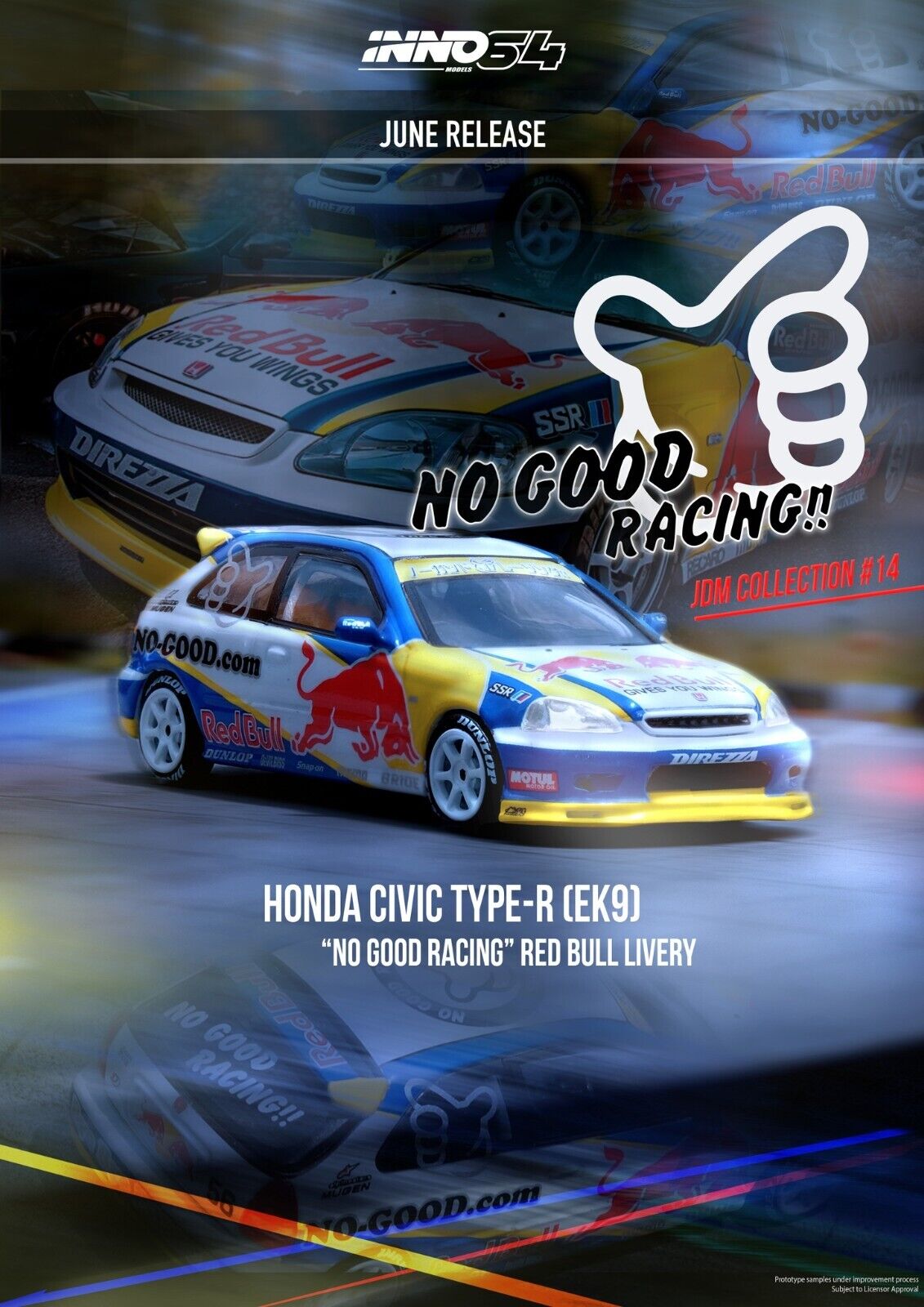 Inno Models Inno64 Honda Civic Type-R EK9 "NO GOOD RACING" Red Bull Livery