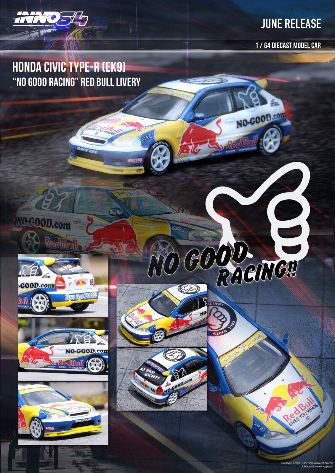 Inno Models Inno64 Honda Civic Type-R EK9 "NO GOOD RACING" Red Bull Livery