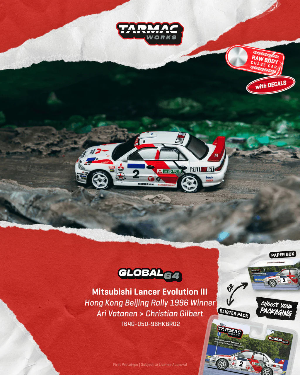 *Pre-Order* Tarmac Works - Mitsubishi Lancer Evolution III Hong Kong Beijing Rally 1996 Winner Ari Vatanen / Christian Gilbert (Paper Box Packaging)