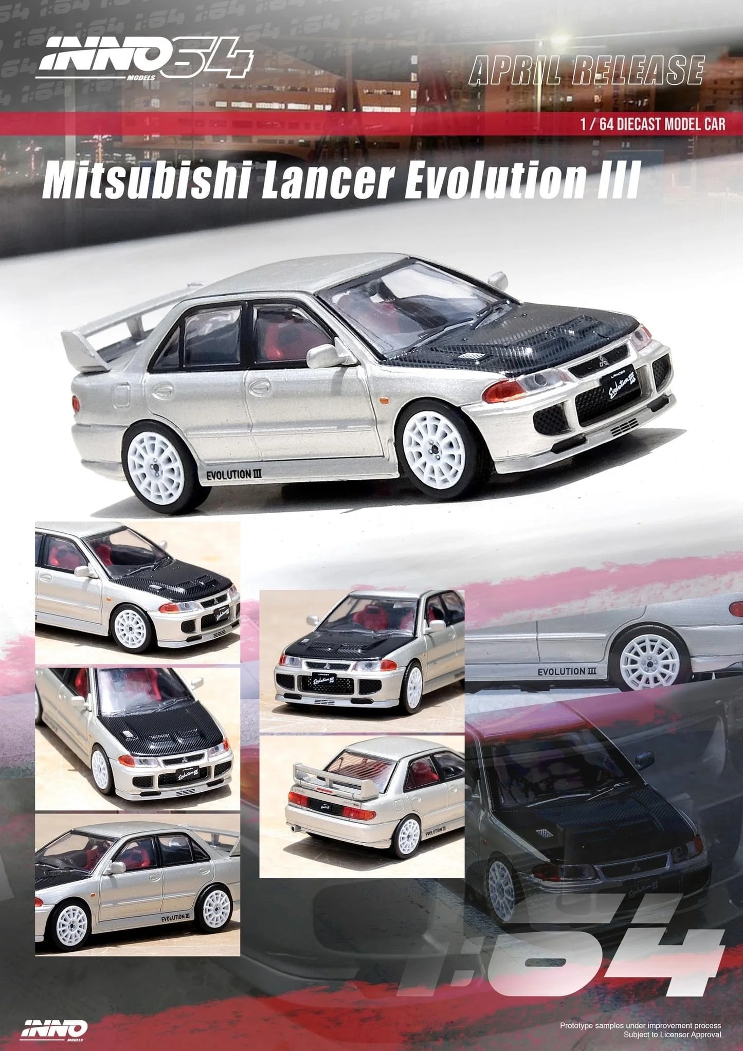 Inno Models Inno64 Mitsubishi Lancer Evolution III Silver with Carbon Bonnet