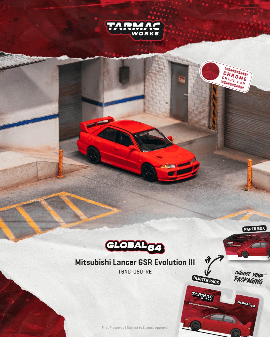 *Pre-Order* Tarmac Works - Mitsubishi Lancer GSR Evolution III Red (Paper Box Packaging)
