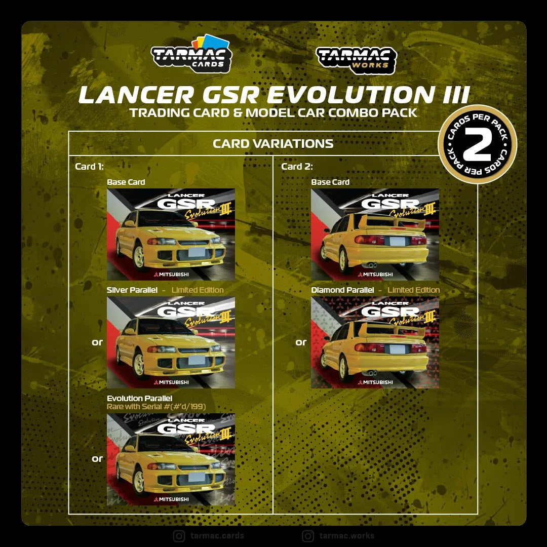Tarmac Works Mitsubishi Lancer GSR Evolution III Yellow - Trading Cards + Model Car Combo Set