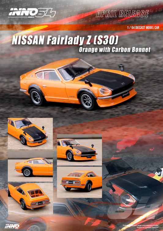 Inno Models Inno64 Nissan Fairlady Z (S30) Orange with Carbon Bonnet
