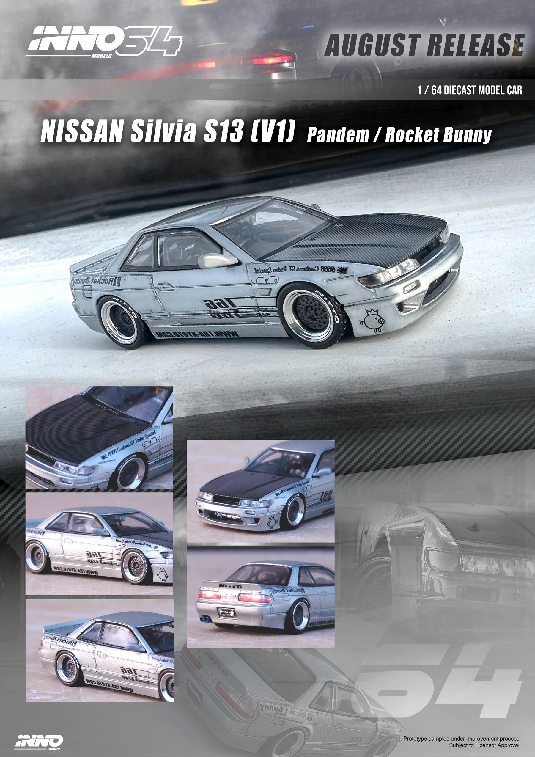 Inno Models Inno64 Nissan Silvia S13 V1 Pandem Rocket Bunny Silver Mini Toy Sensei