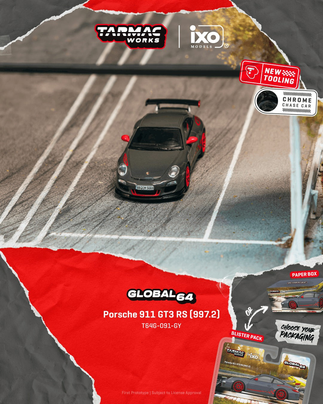 *Pre-Order* Tarmac Works Porsche 911 GT3 RS (997.2) Grey (Paper Box Packaging)