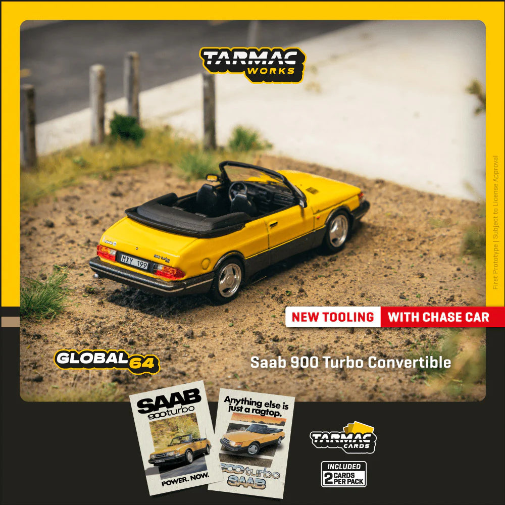 Tarmac Works Saab 900 Turbo Convertible Yellow - Model Car + Trading Cards Combo Set
