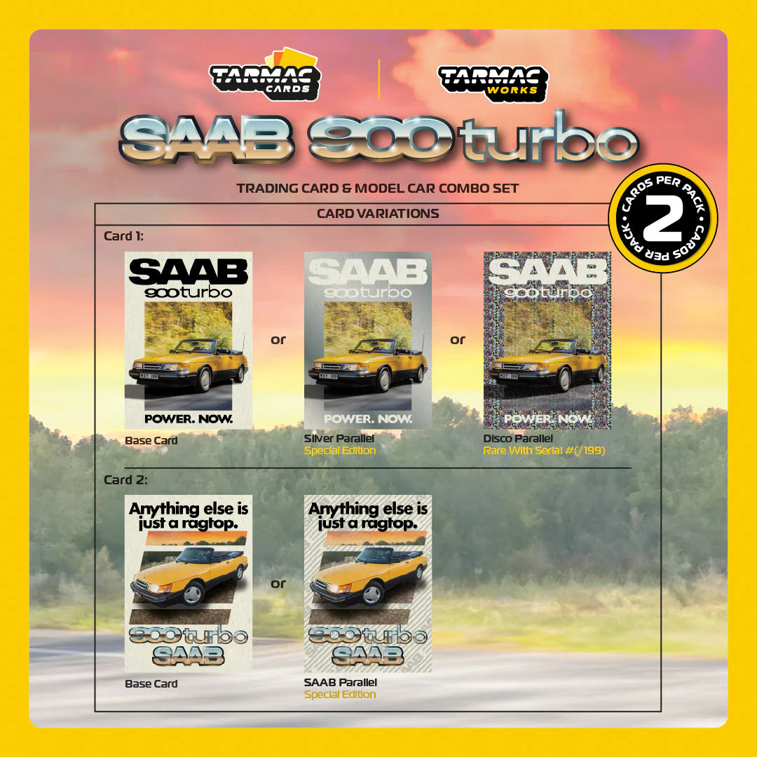 Tarmac Works Saab 900 Turbo Convertible Yellow - Model Car + Trading Cards Combo Set