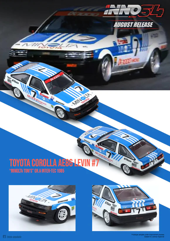 Inno Models Inno64 Toyota Corolla AE86 Levin #7 "Minolta Tom's" GR.A Inter-Tec 1985