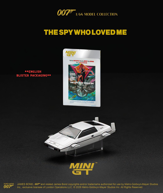 Mini GT model car with packaging featuring 'The Spy Who Loved Me' theme on a black background. Mini GT No.920 Lotus Esprit S1 "The Spy Who Loved Me" Submarine - English Blister Packaging