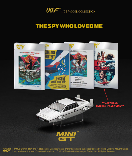 Model car kit packaging for 'The Spy Who Loved Me' with James Bond posters and Mini GT branding. Mini GT No.920 Lotus Esprit S1 "The Spy Who Loved Me" Submarine - Japanese Blister Packaging