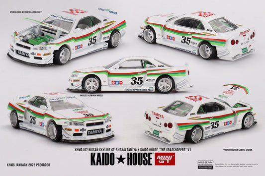 *Pre-Order* Mini GT x Kaido House No.167 Nissan Skyline GT-R (R34) TAMIYA x KAIDO HOUSE "The GRASSHOPPER" V1