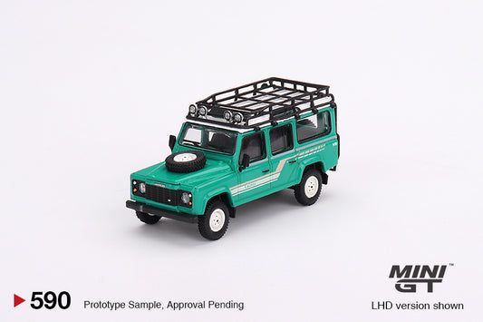 Mini GT No.590 Land Rover Defender 110 1985 County Station Wagon Trident Green