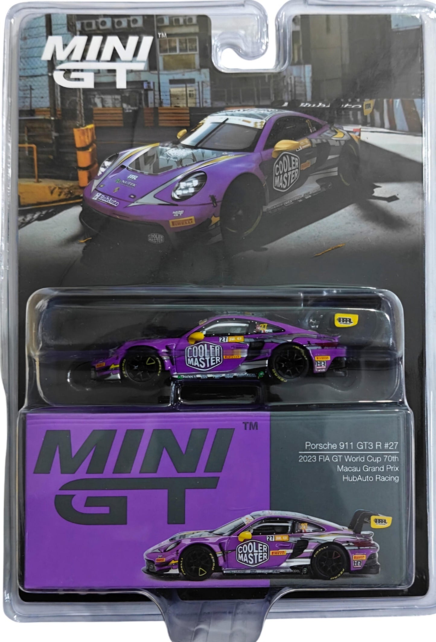 Mini GT No.793 Porsche 911 GT3 R #27 HubAuto Racing 2023 FIA GT World Cup 70th Macau Grand Prix (Blister Pack)