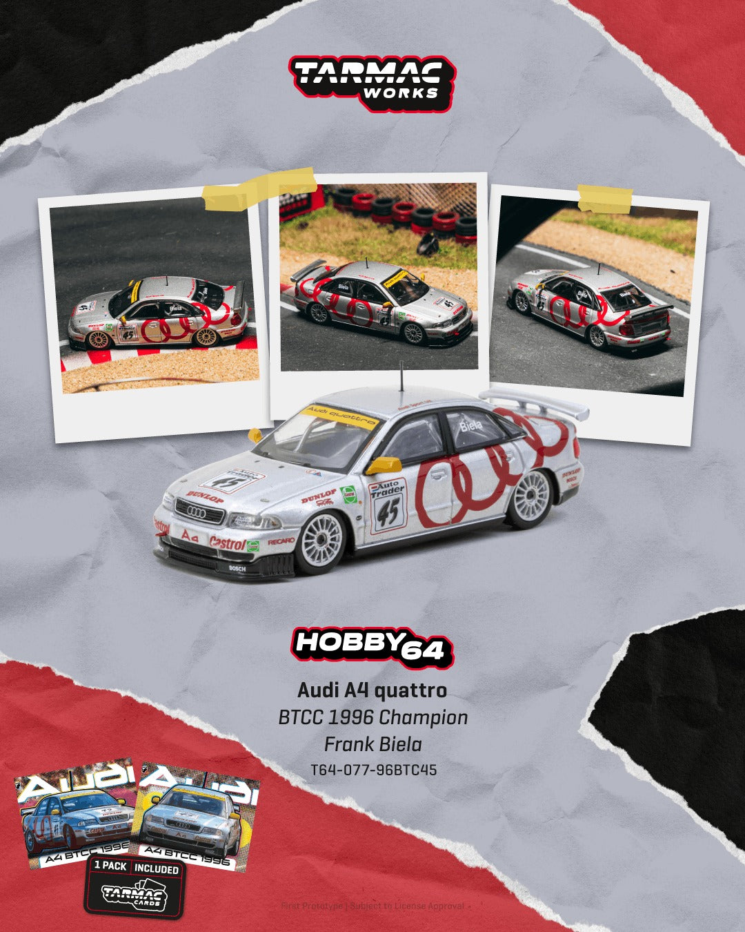 *Pre-Order* Tarmac Works - Audi A4 quattro BTCC 1996 Champion Frank Biela (Model Car + Trading Cards Combo Set)