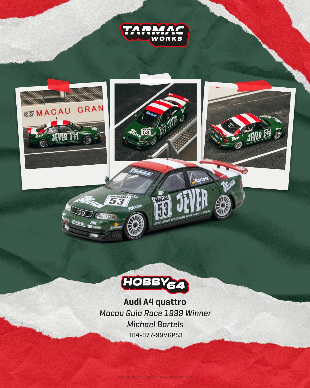 *Pre-Order* Tarmac Works - Audi A4 quattro Macau Guia Race 1999 Winner Michael Bartels