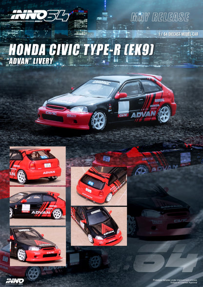 Inno Models Inno64 Hond Civic Type-R EK9 ADVAN Livery (Red & Black Inno Models Inno64 Hond Civic Type-R EK9 ADVAN Livery (Red & Black