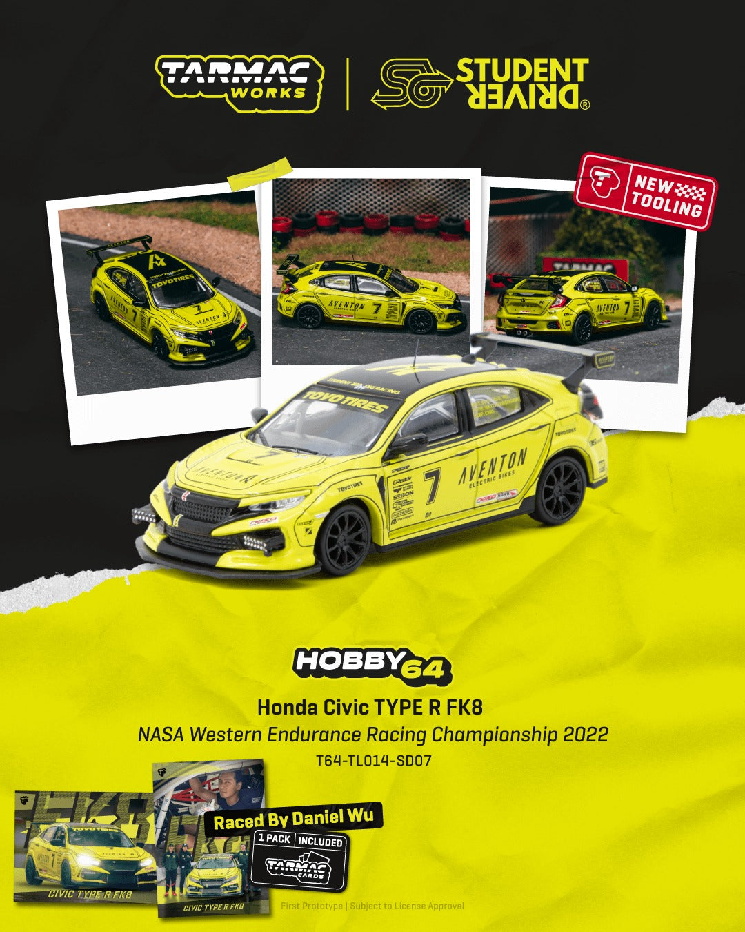 *Pre-Order* Tarmac Works Honda Civic TYPE R FK8 NASA Western Endurance Racing Championship 2022 Daniel Wu / Tazio Ottis / Will Watanawongkiri / Patrick Chio  - Model Car + Trading Cards Combo Set