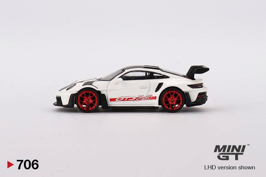 Mini GT No.706 Porsche 911 (992) GT3 RS Weissach Package White with Pyro Red