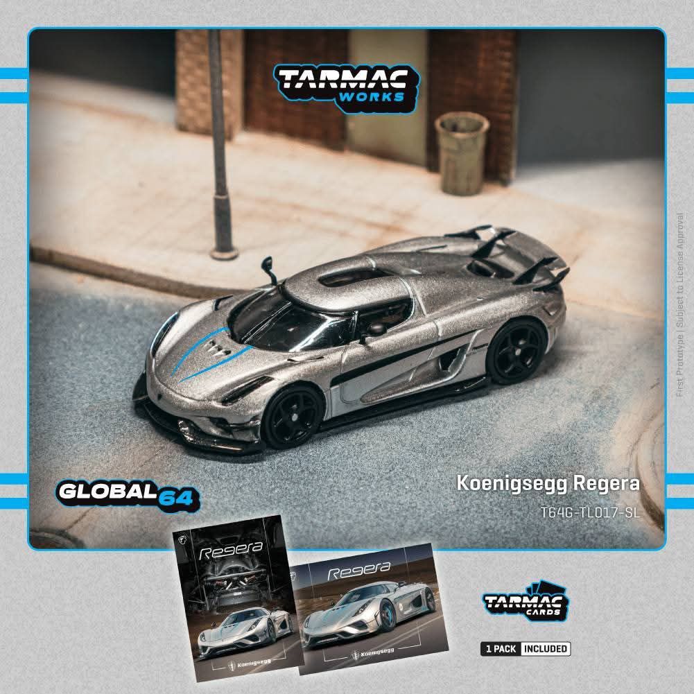 *Pre-Order* Tarmac Works Koenigsegg Regera Silver Metallic / Blue Accents - Model Car + Trading Cards Combo Set