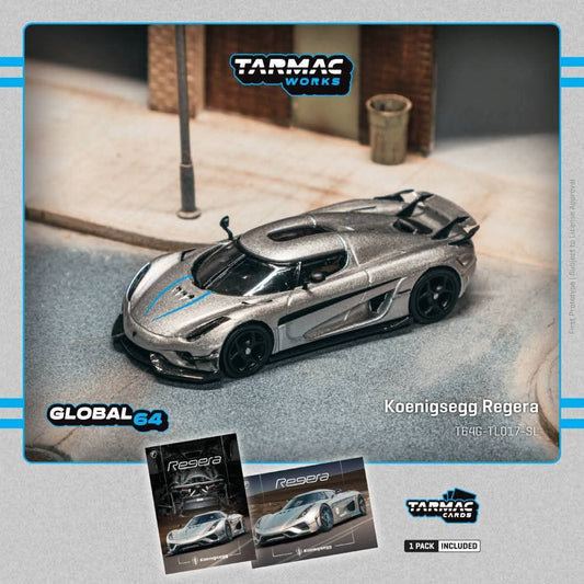 *Pre-Order* Tarmac Works Koenigsegg Regera Silver Metallic / Blue Accents - Model Car + Trading Cards Combo Set
