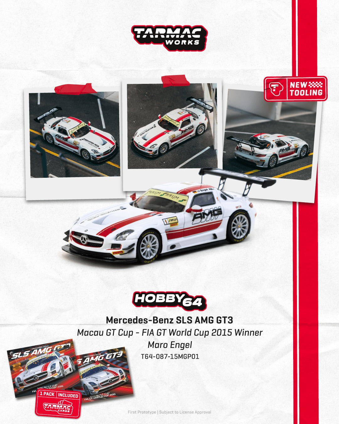 *Pre-Order* Tarmac Works Mercedes-Benz SLS AMG GT3 Macau GT Cup - FIA GT World Cup 2015 Winner Maro Engel - Model Car + Trading Cards Combo Set