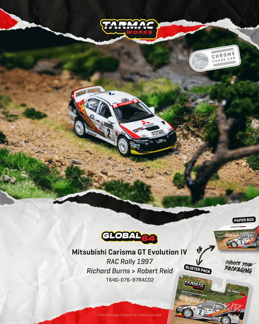 *Pre-Order* Tarmac Works - Mitsubishi Carisma GT Evolution IV RAC Rally 1997 Richard Burns / Robert Reid (Paper Box Packaging)