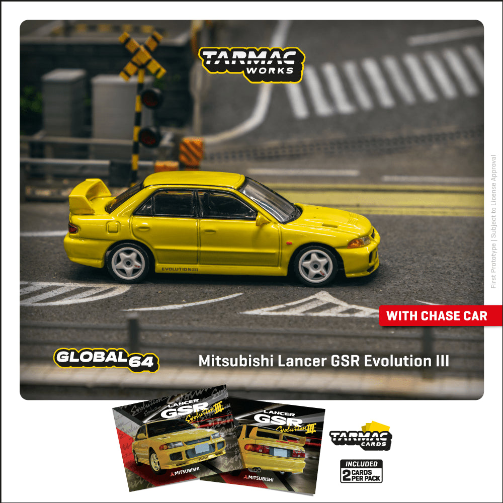 *Pre-Order* Tarmac Works Mitsubishi Lancer GSR Evolution III Yellow - Trading Cards + Model Car Combo Set