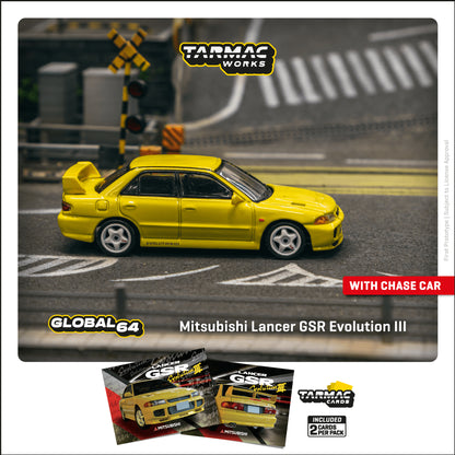 *Pre-Order* Tarmac Works Mitsubishi Lancer GSR Evolution III Yellow - Trading Cards + Model Car Combo Set