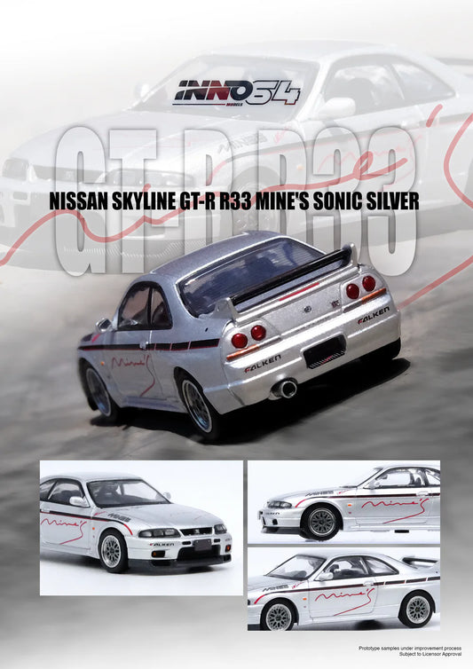 *Pre-Order* INNO Models INNO64 Nissan Skyline GT-R (R33) "TUNED BY MINE'S" - Silver