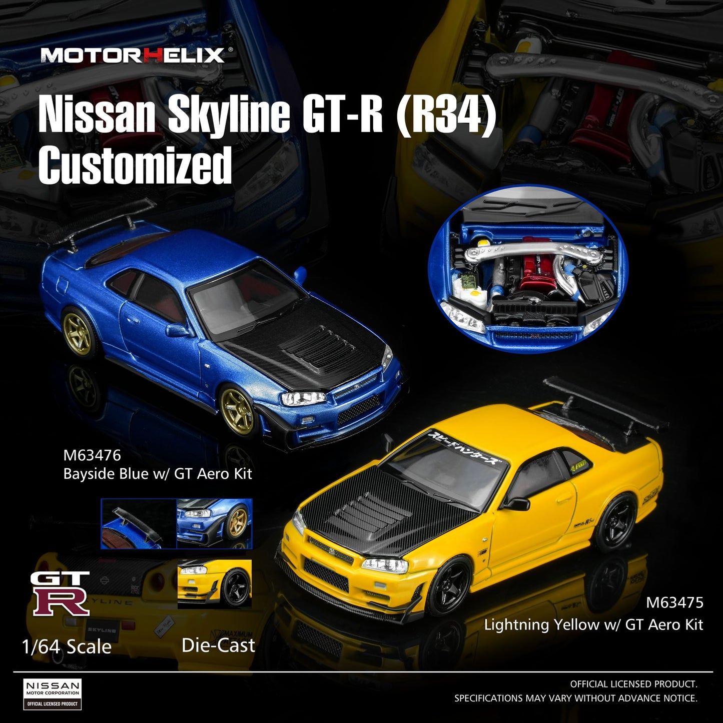 *Pre-Order* MotorHelix M63475 Nissan Skyline GT-R (R34) Customized - Lightning Yellow w/ GT Aero Kit